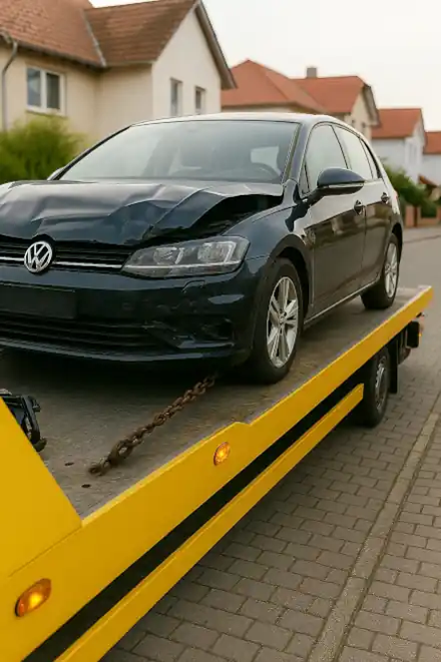 Defektes Auto wird in Kassel für den Autoankauf sicher abgeschleppt – unkomplizierte Abwicklung trotz Schäden.